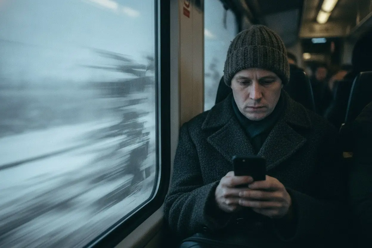 a commuter on a winter train, face lit by the phone in their hands