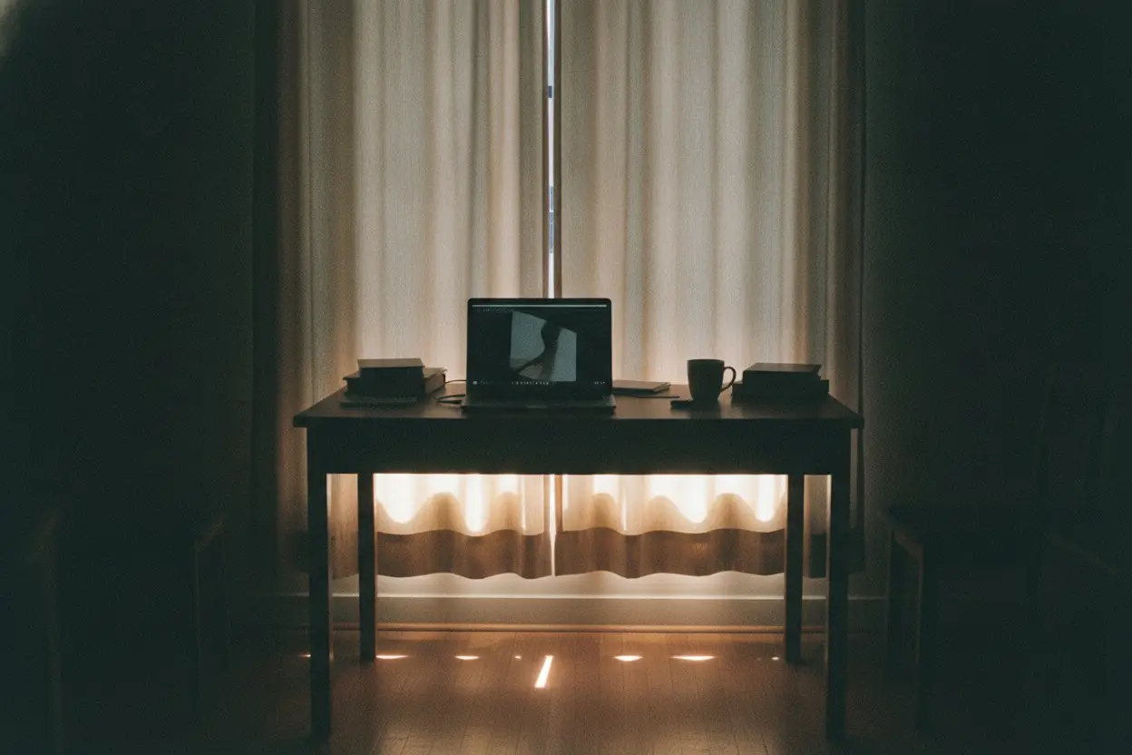 desk and laptop with a bright window behind closed curtains
