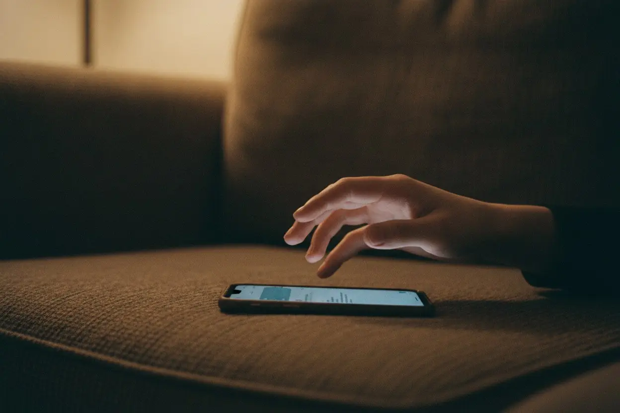 hand hovering over a phone on a couch
