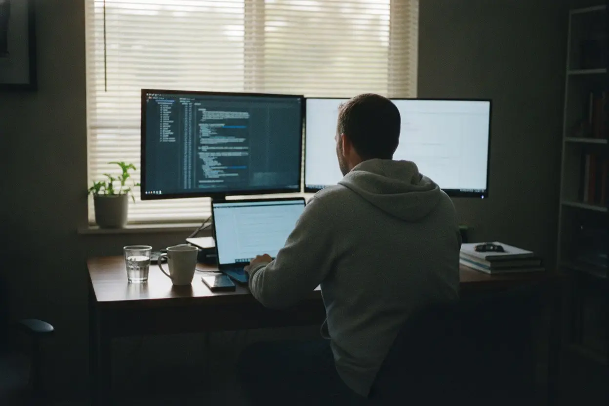 man alone at a home office desk