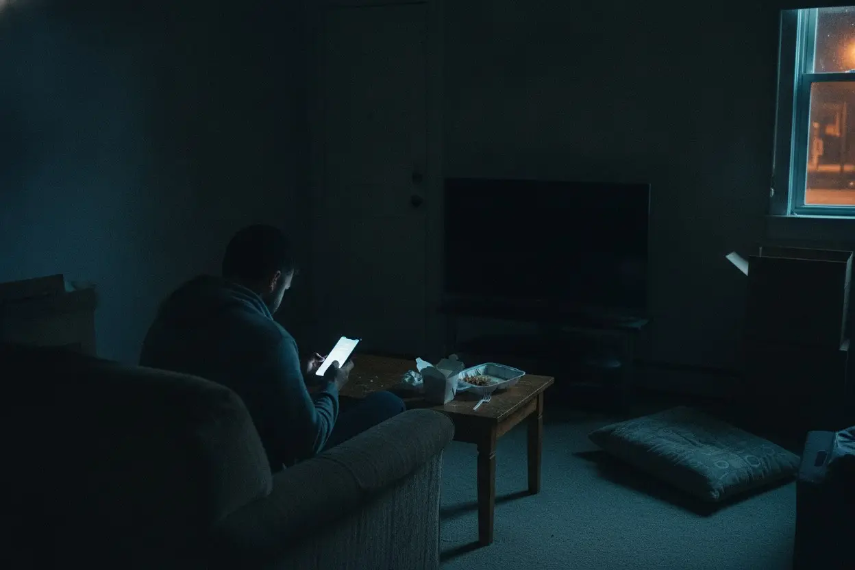 man alone on a couch at night lit by his phone
