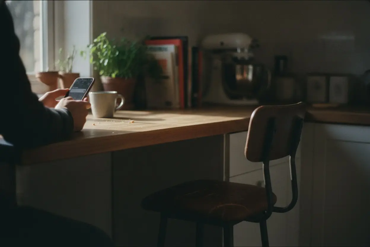 hands holding a phone at a kitchen counter