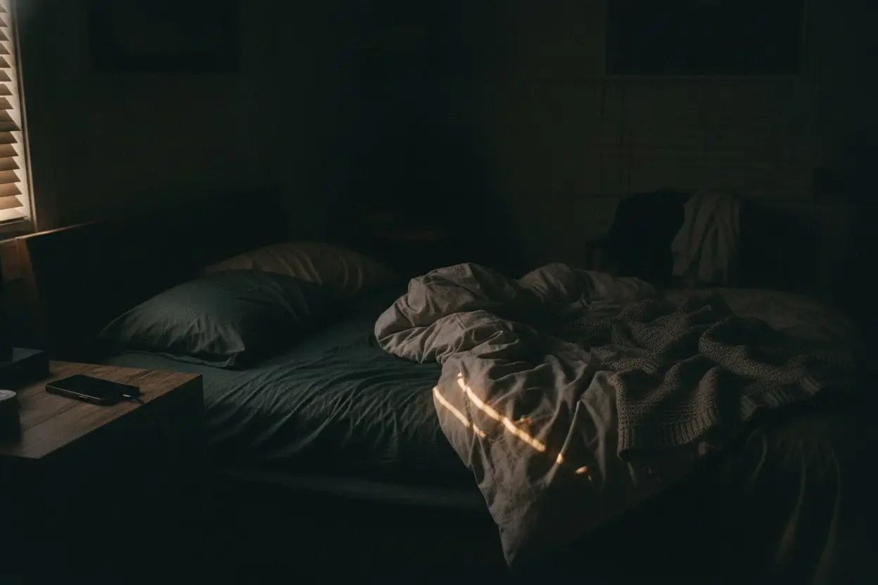 a phone face-down on a nightstand beside an unmade bed at night