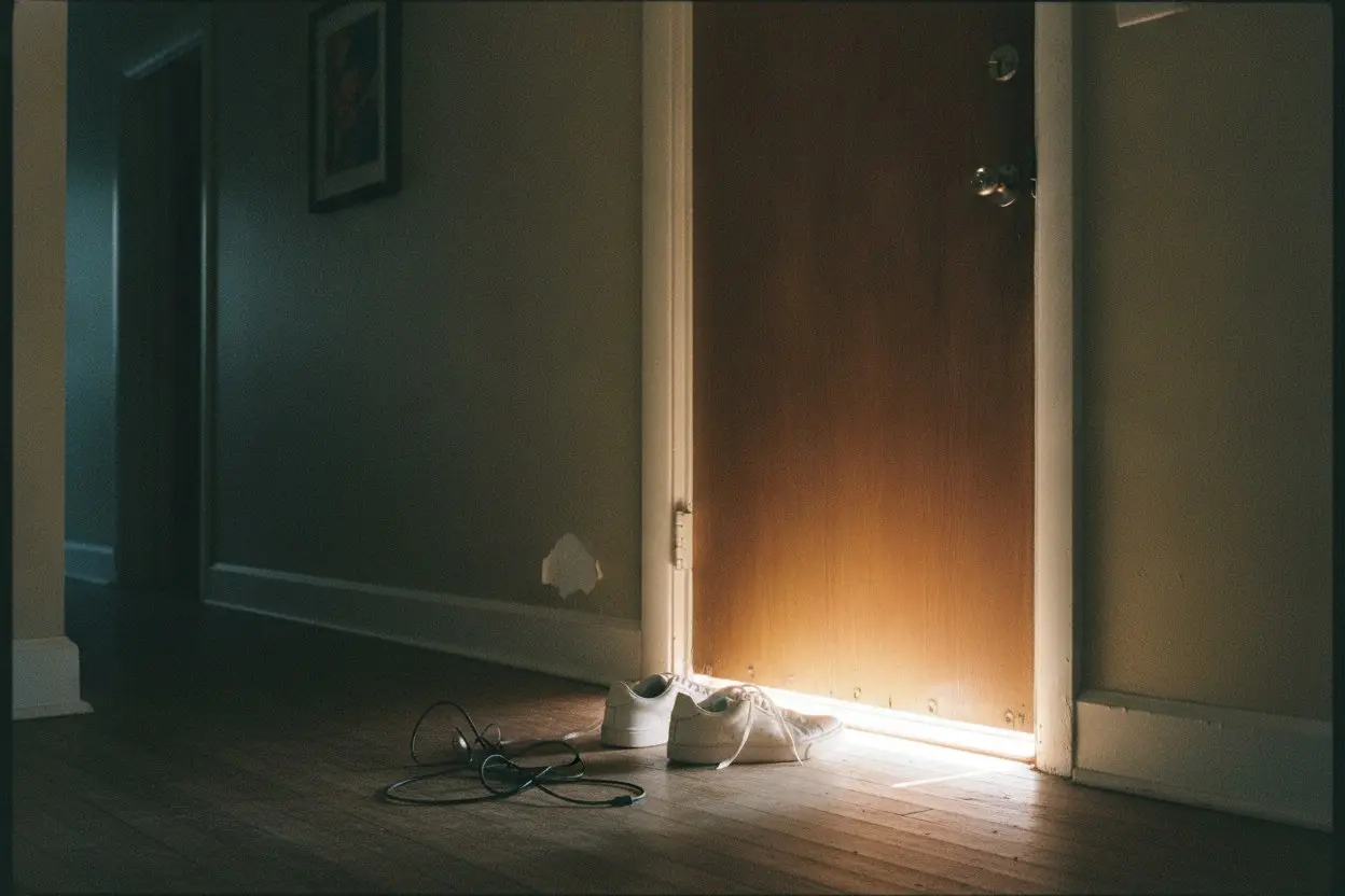 unworn sneakers by a closed front door with daylight under it